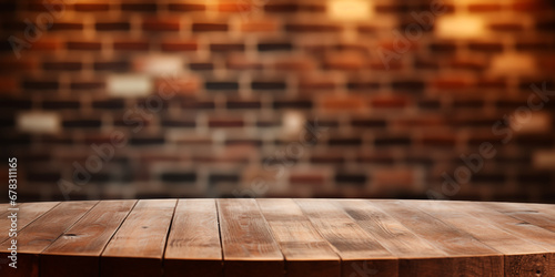 Empty wooden table over blur brick wall background, product display montage