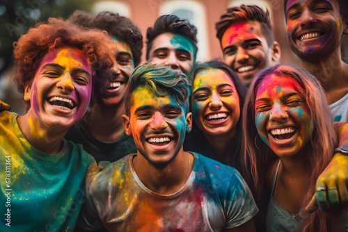 Group of people with colored paint on their faces,many faces smiling at camera. having fun, splashing multicolored paint