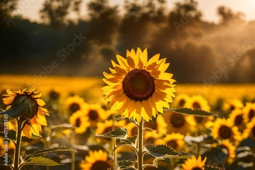 Isolated sunflower in a peaceful countryside  bathed in golden sunlight  a gentle breeze causing the petals to sway  a sense of tranquility and simplicity