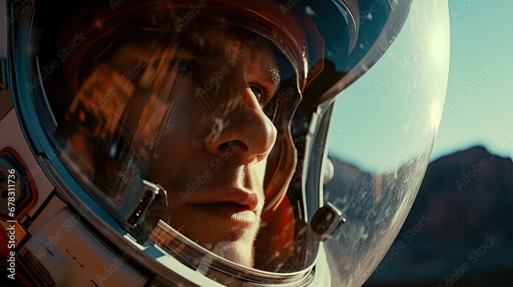 cinematic closeup of an astronaut with reflections on his visor