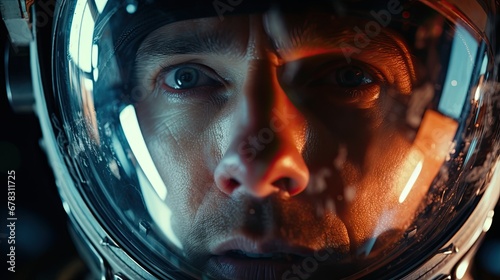 cinematic closeup of an astronaut with reflections on his visor photo