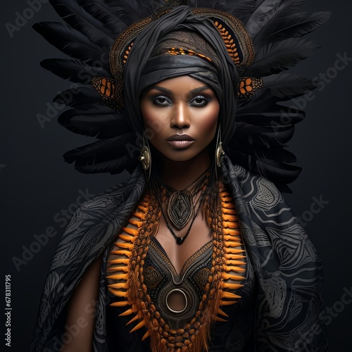 An african woman portrait with headdress and feathers on black background , generated by AI photo