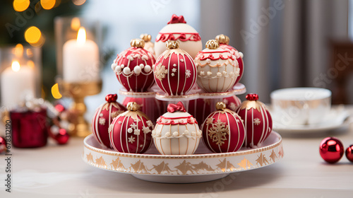 Delicious birthday cake on table on bright background, Small cupcakes with red hearts on wooden background., Christmas cupcakes. New year and winter background, xmas lights. created with Generative