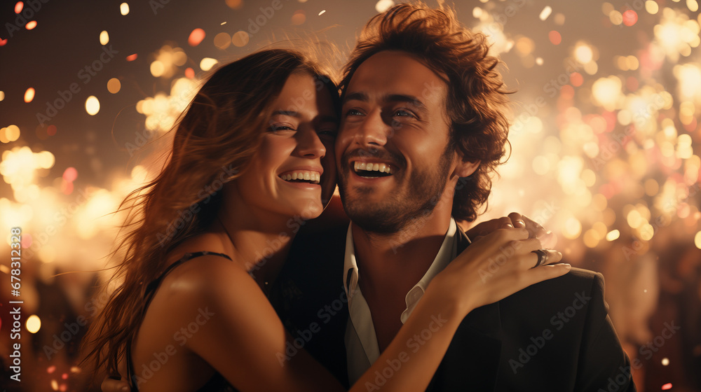 Happy lovers hugging and smiling at a party