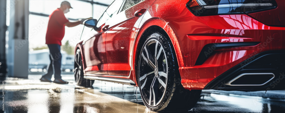Automobile dealer washing a luxury car. Red car wash close up. copy space for text. Automobile dealer washing a luxury car. Red car wash close up. copy space for text.