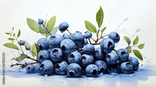 Illustration of fresh blueberries with drops of water on the leaves  Concept  naturalness and freshness of the berries. Light background.