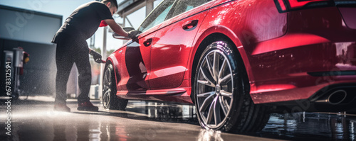 Automobile dealer washing a luxury car. Red car wash close up. copy space for text.