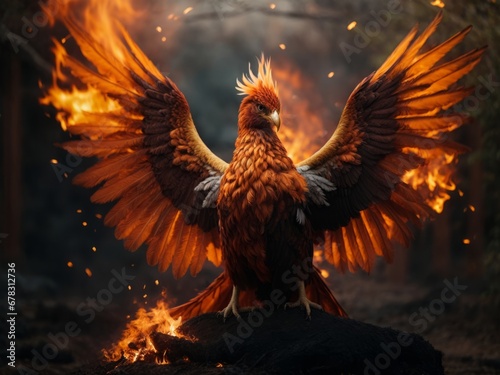 Realistic Phoenix Bird Rising From The Ashes, Firebird. Burning and Mystic Bird. Ai Generative © MH STOCK