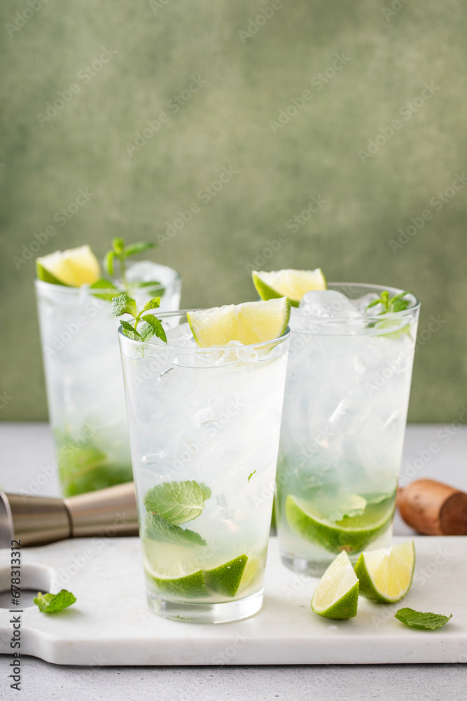 Cold refreshing mojito with lime and mint in tall glasses