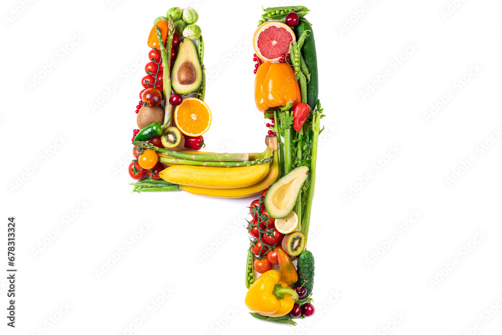 Number 4 made of healthy food. Healthy eating of vegetables, fruits and fish on white background. Food number 4 four isolated on white. Healthy food, balanced, food trends, sustainable concept