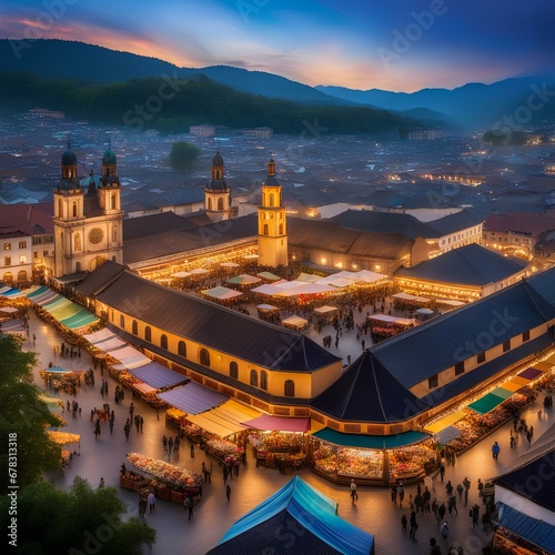 photograph of a lively market square nestled in a cultural valley, view of the city