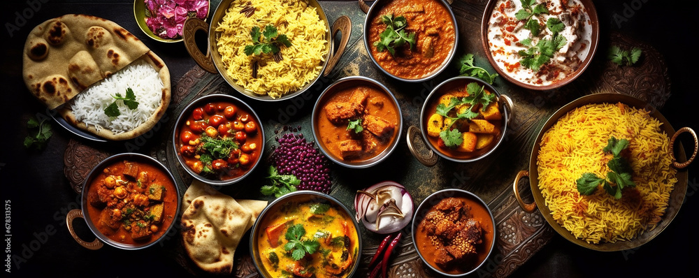 indian food collage assorted , chicken, Palak Paneer, Chiken Tikka, Biryani, 
Vegetable Curry, Papad, Dal, Palak Sabji, Jira Alu ,indian cuisine  - obrazy, fototapety, plakaty 