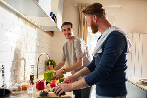 Gay couple preparing meal in modern kitchen at home