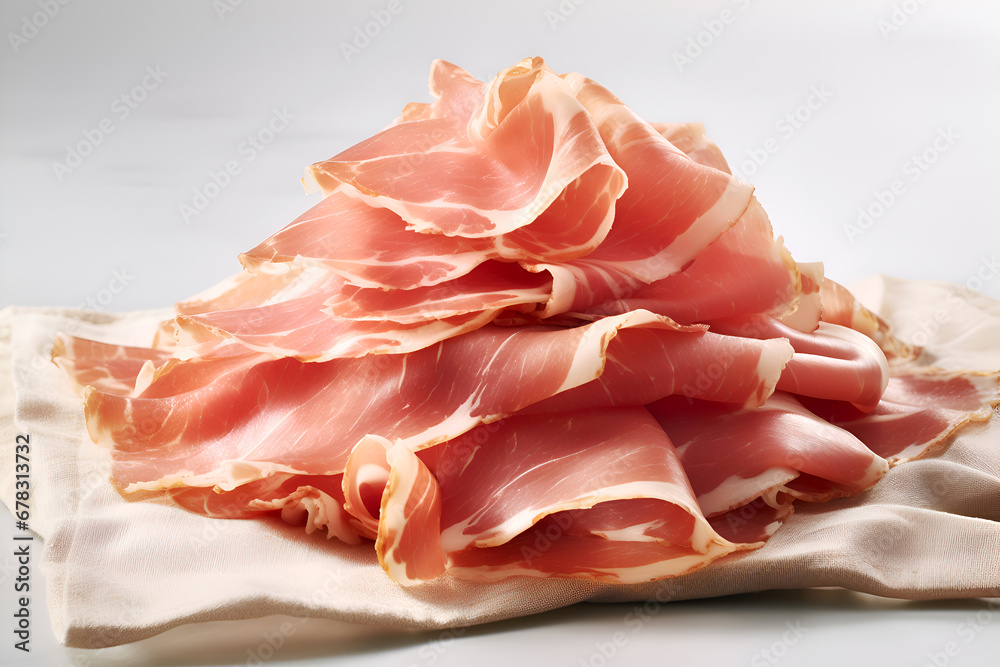 Obraz premium Sliced Prosciutto on Linen Cloth, light background, close-up. Prosciutto ham slices minimalistic image. Traditional italian appetizer, ready to eat. Stack of Prosciutto on Soft Fabric