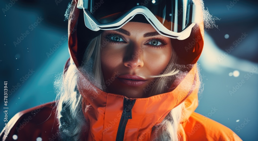 closeup of a woman wearing orange ski gear in a winter setting