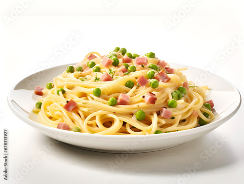 Spaghetti carbonara on white background. Variation of carbonara pasta with bacon or pancetta, eggs, parmesan and green peas in a creamy sauce. Mediterranean cuisine dish