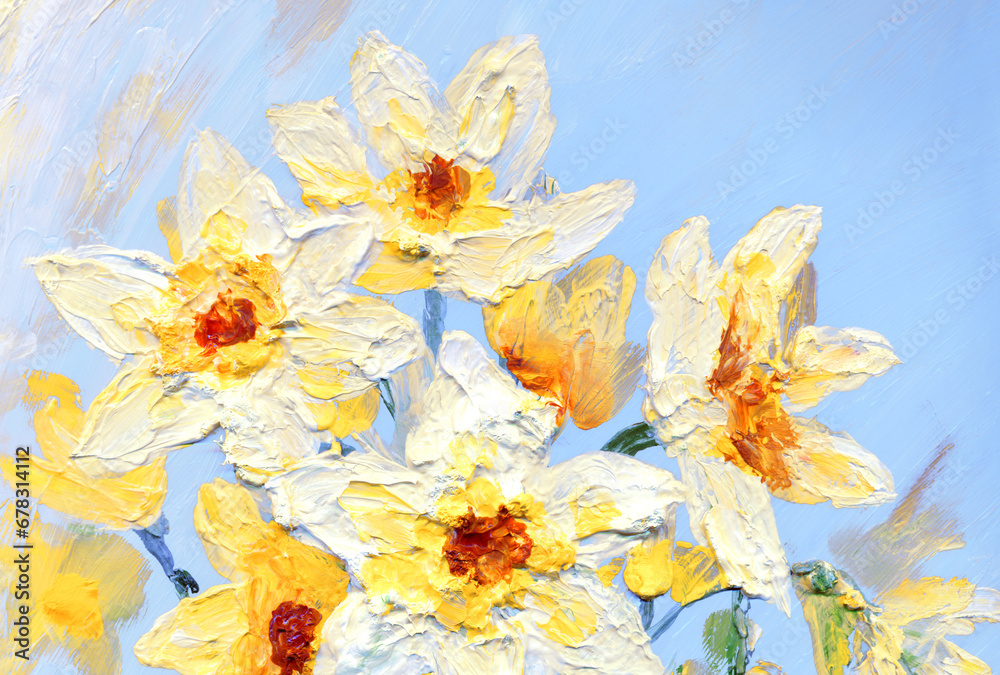 Oil painting. Yellow daffodils in the garden