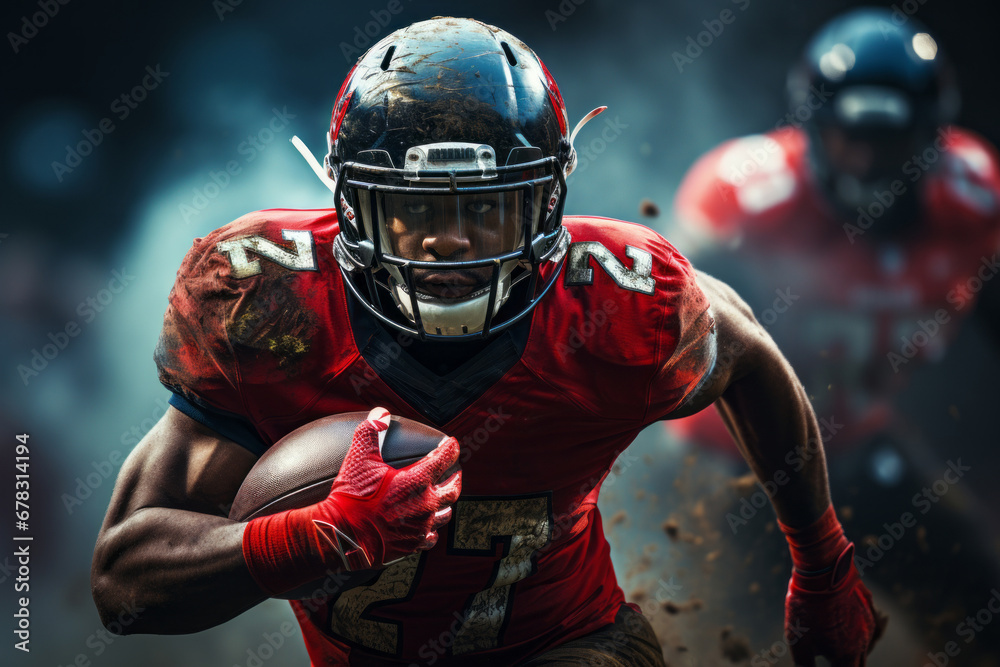 American football player with ball close-up in action in stadium under background light. Athletic, proud football player in a helmet and T-shirt is ready to play.