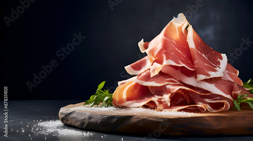 Prosciutto. Stack of Prosciutto ham slices on wooden board on dark background, copy space. Italian charcuteries board with cured meat delicacy on dark Backdrop. Italian appetizer photo