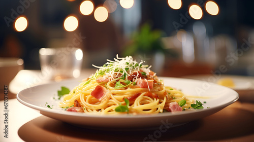 Traditional pasta Carbonara. Italian cuisine, Spaghetti Carbonara with Bacon Toppings. Carbonara with pancetta, parmesan and creamy sauce of egg yolks on a restaurant table. European food photo