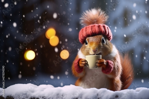 Cheerful squirrel drinks warm cocoa in forest against backdrop of lights