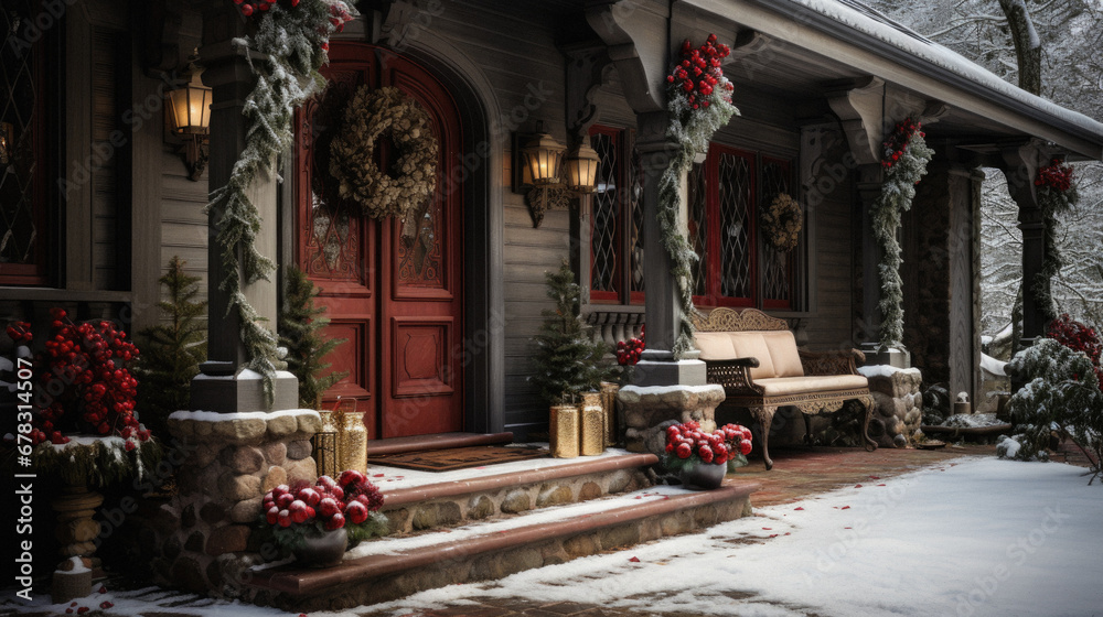 Christmas Decorations on the porch of a wooden house with a wreath.