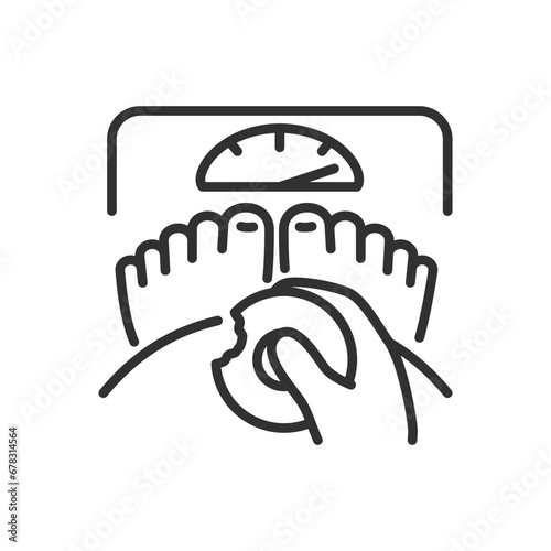Overweight person on the scale with a donut, linear icon. Line with editable stroke
