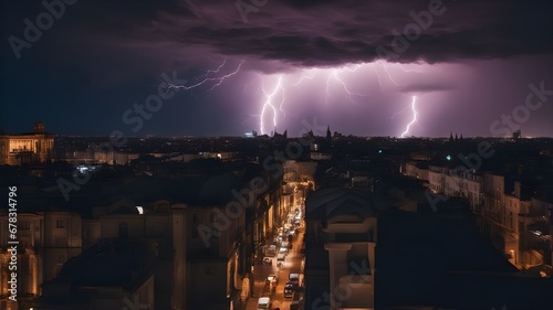 lightning over the city A cosmic dance of light and sound, where the sky and the city are partners. The lightning is the music