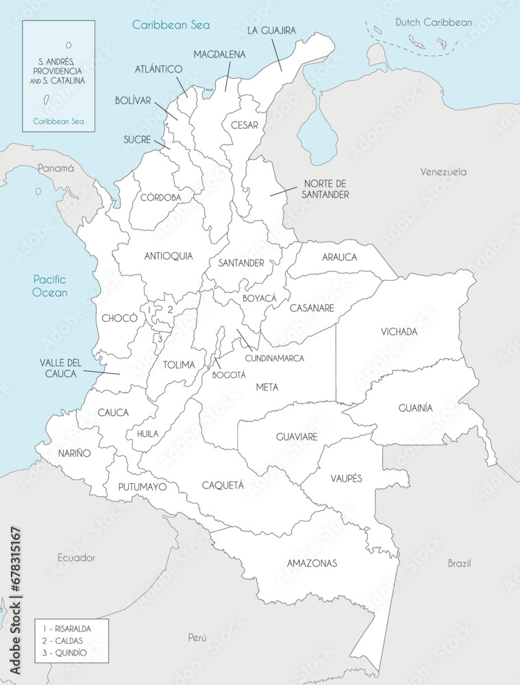 Vector map of Colombia with departments, capital region and administrative divisions, and neighbouring countries. Editable and clearly labeled layers.