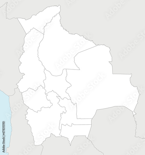 Vector blank map of Bolivia with departments and administrative divisions, and neighbouring countries. Editable and clearly labeled layers.