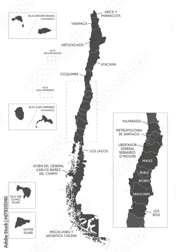 Vector map of Chile with regions and territories and administrative divisions. Editable and clearly labeled layers.