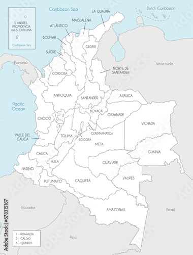 Fototapeta Naklejka Na Ścianę i Meble -  Vector map of Colombia with departments, capital region and administrative divisions, and neighbouring countries. Editable and clearly labeled layers.