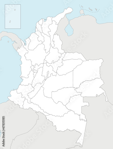 Vector blank map of Colombia with departments, capital region and administrative divisions, and neighbouring countries. Editable and clearly labeled layers.