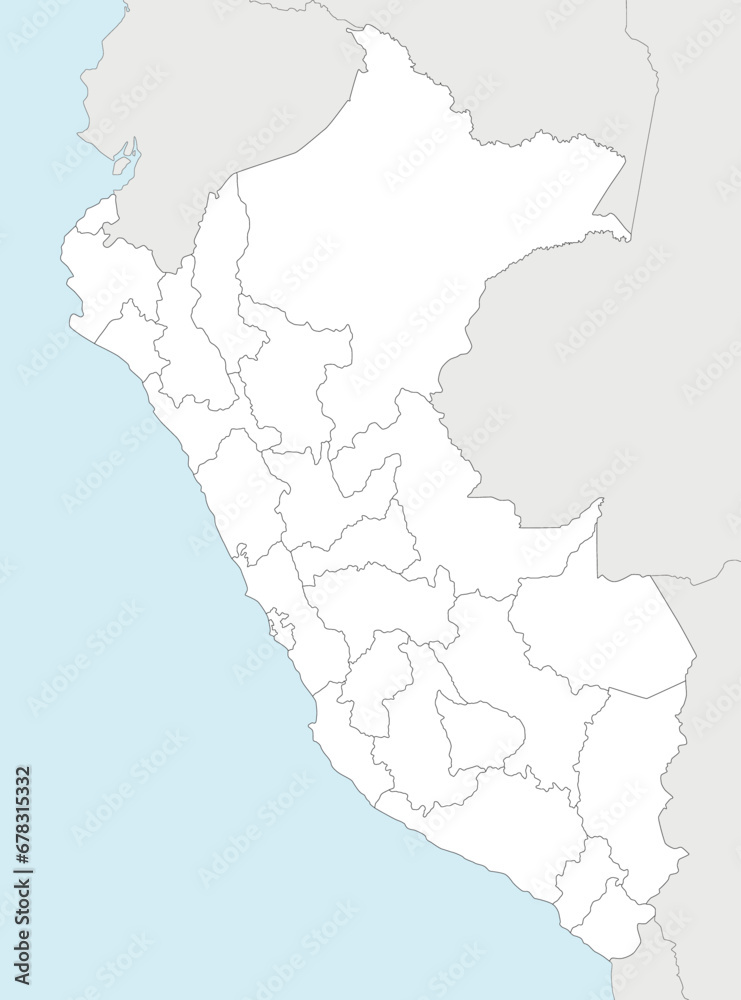 Vector blank map of Peru with departments, provinces and administrative divisions, and neighbouring countries. Editable and clearly labeled layers.