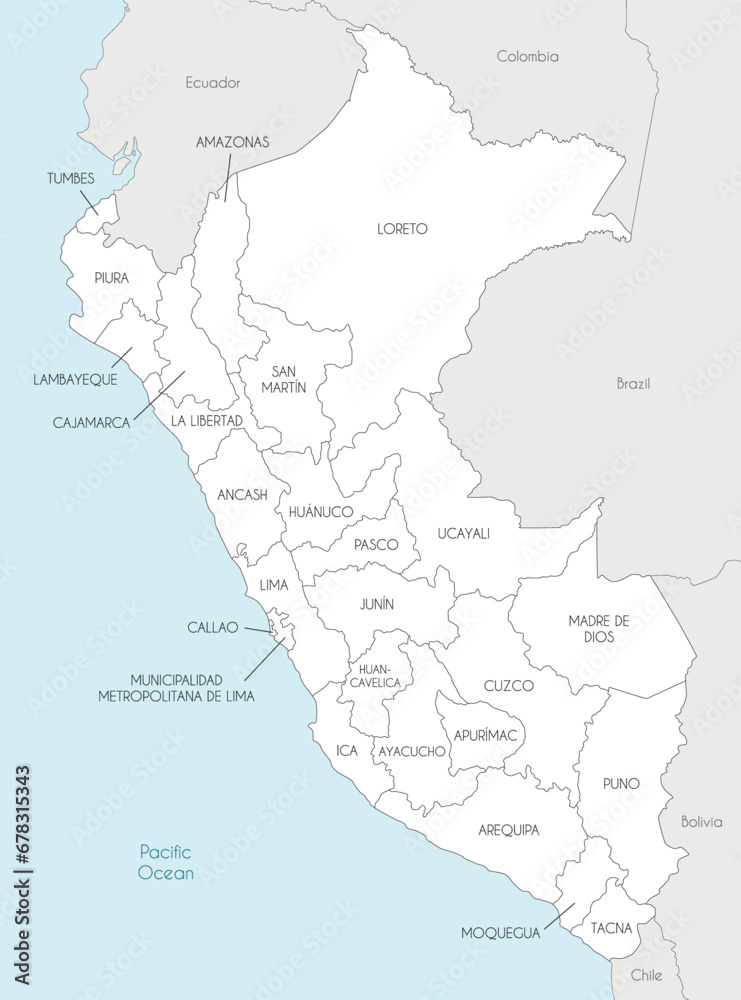 Vector map of Peru with departments, provinces and administrative divisions, and neighbouring countries. Editable and clearly labeled layers.