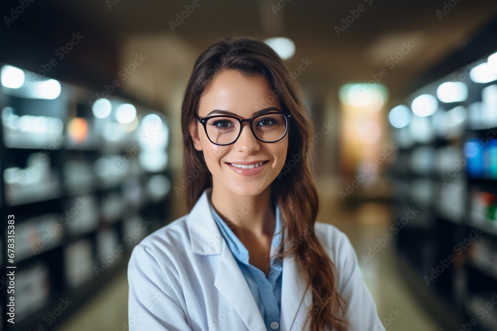Portrait of happy professional female pharmacist in chemist Portrait of happy professional female pharmacist in chemist