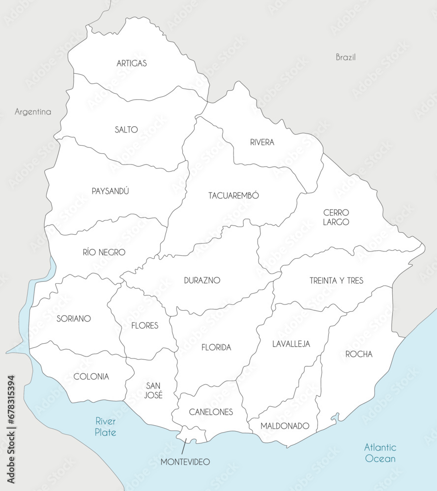 Vector map of Uruguay with departments and administrative divisions, and neighbouring countries. Editable and clearly labeled layers.