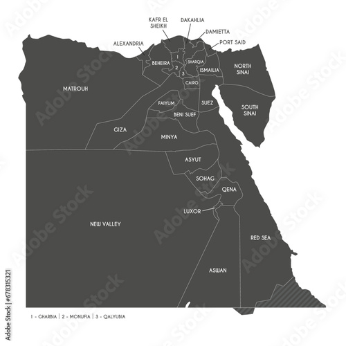 Vector map of Egypt with governorates or provinces and administrative divisions. Editable and clearly labeled layers.