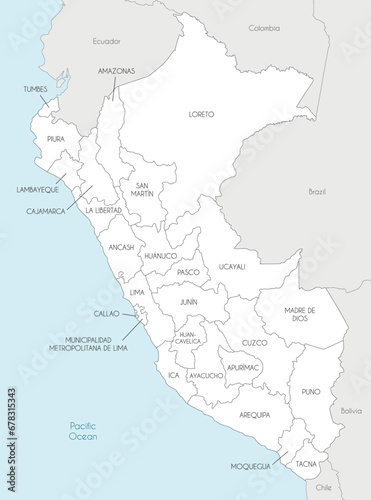 Vector map of Peru with departments  provinces and administrative divisions  and neighbouring countries. Editable and clearly labeled layers.