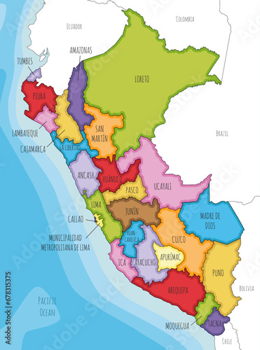 Vector illustrated map of Peru with departments, provinces and administrative divisions, and neighbouring countries. Editable and clearly labeled layers. photo
