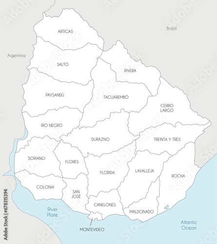 Vector map of Uruguay with departments and administrative divisions  and neighbouring countries. Editable and clearly labeled layers.