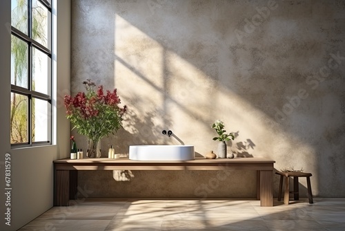 minimalistic bathroom with a light concrete back wall photo