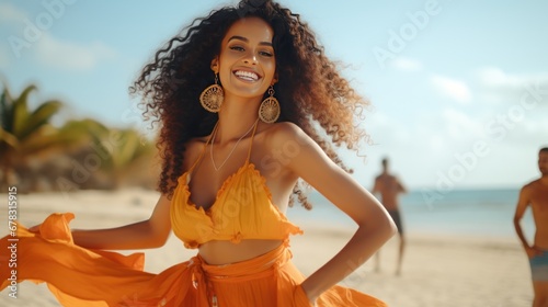 Beautiful Dominican Woman happy dancing at the beach, generative ai photo