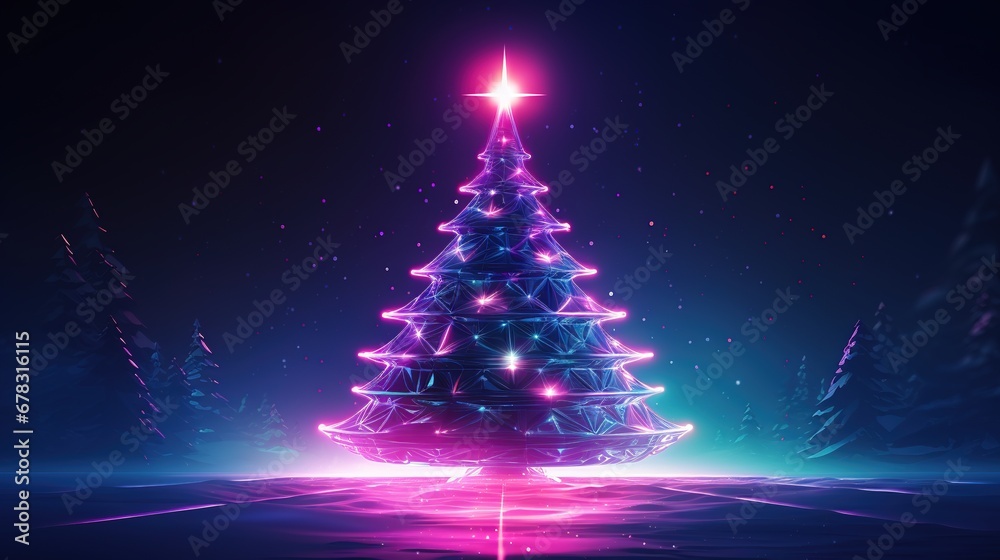 Generative AI, Christmas tree in cyberpunk style, futuristic nostalgic 80s, 90s. Neon lights vibrant colors. Generative AI, Christmas tree in cyberpunk style, futuristic nostalgic 80s, 90s. Neon lights vibrant colors.