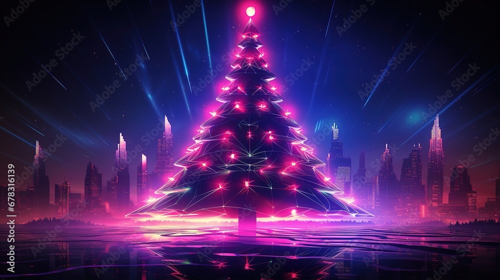 Generative AI, Christmas tree in cyberpunk style, futuristic nostalgic 80s, 90s. Neon lights vibrant colors. Generative AI, Christmas tree in cyberpunk style, futuristic nostalgic 80s, 90s. Neon lights vibrant colors.