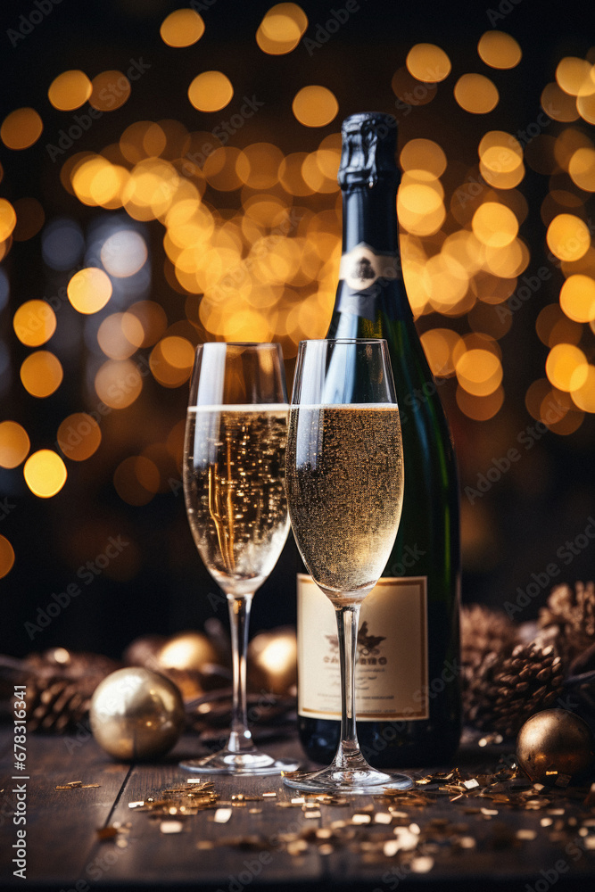 Fototapeta premium Two champagne glasses ready to bring in the New Year with bokeh background.