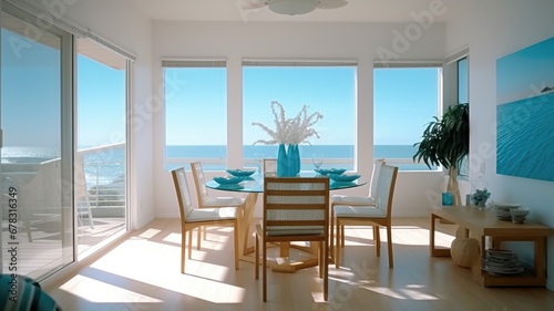 Interior design inspiration of Coastal Modern style home dining room loveliness decorated with Bamboo and Glass material and Ocean view .Generative AI home interior design .
