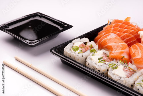 japanese food delivery isolated on white background close up