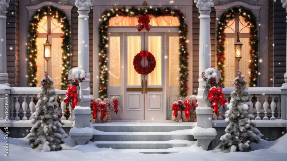 Of a decorated front door of a house with Christmas decorations.