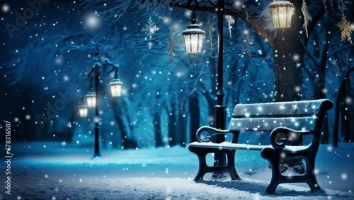 Looped animation of snowfall in a city park. A Christmas walk on a winter evening through a park illuminated by lanterns. 4k video.